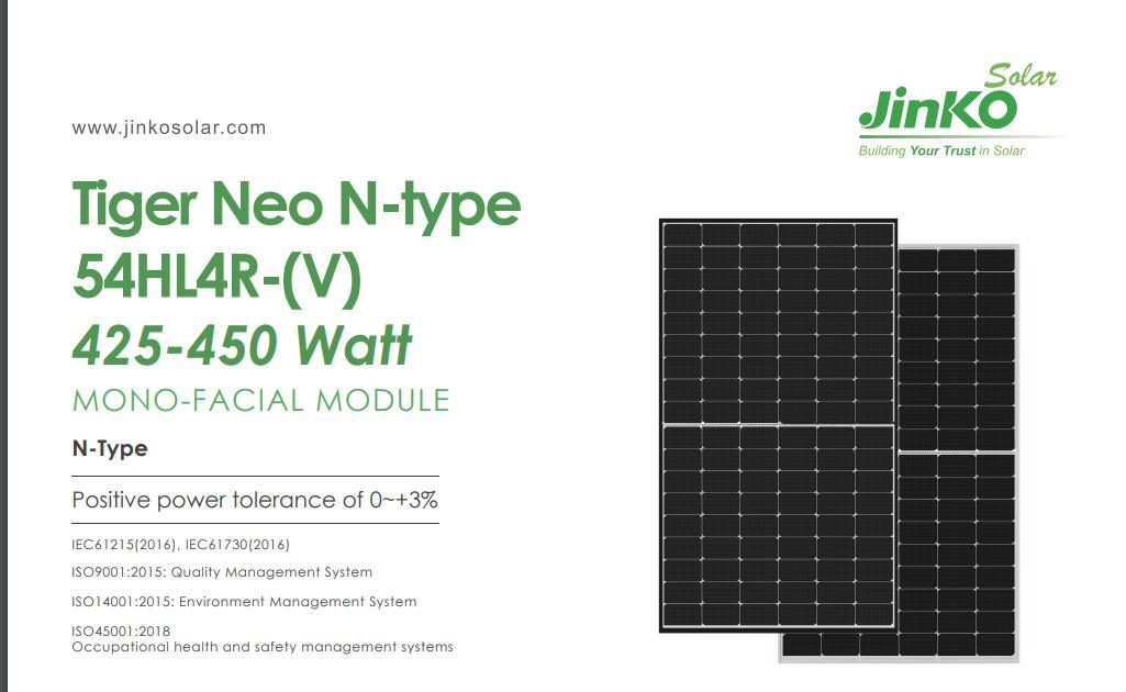 A Grade Smart Jinko Tiger Neo N-Type 425/430/435/440/445/450W Solar Panel Kit Wholesaler for Sale