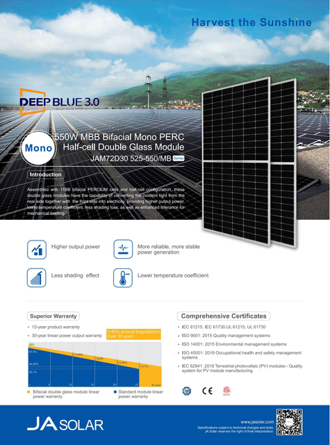 China Ja 545W 550W Bifacial Solar Panels for Solar Energy System