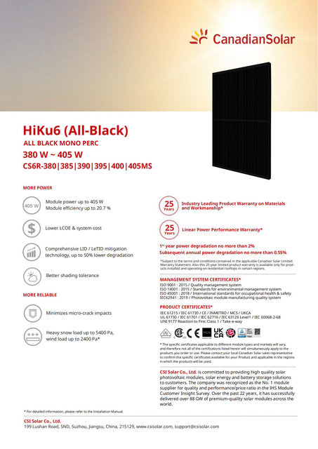 Tier 1 China Canadian A Grade 400W All Black Solar Panels for Solar Energy System