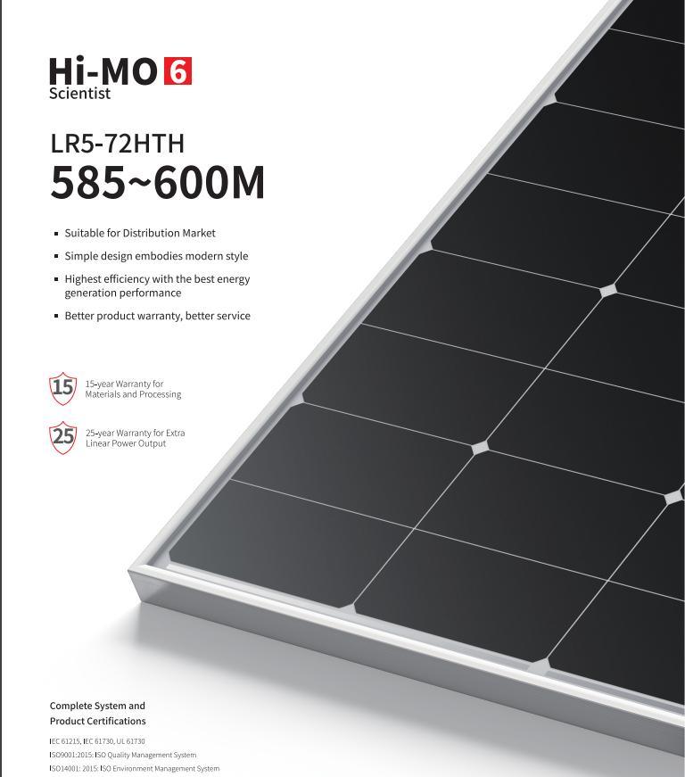 Longi Hi-Mo6 Scientist 585/590/595/600W Single Glass Mono PV Solar Panel with Certification