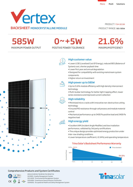 China Trina 565W 570W 580W A Grade Monocrystalline Solar Panels for Solar Energy System