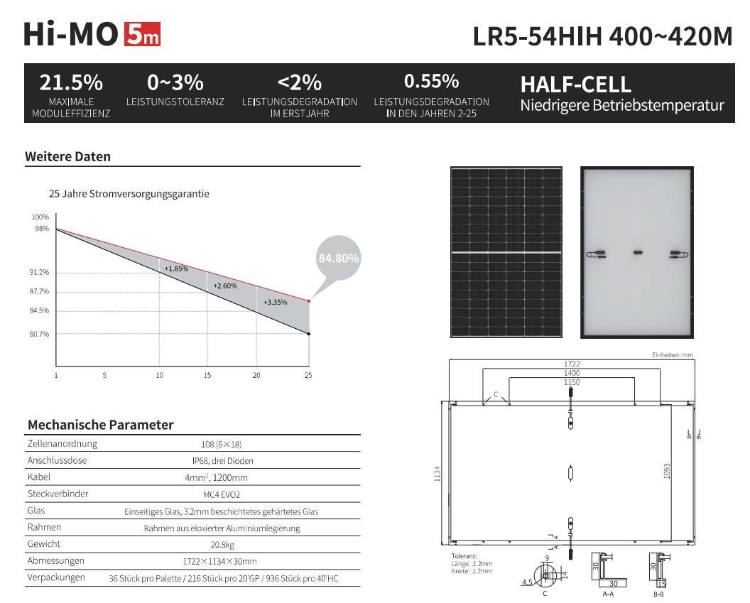 Longi Solar Panel for Solar Panels Roof Power Generation 400W 410W 420W Black Frame Solar Panel