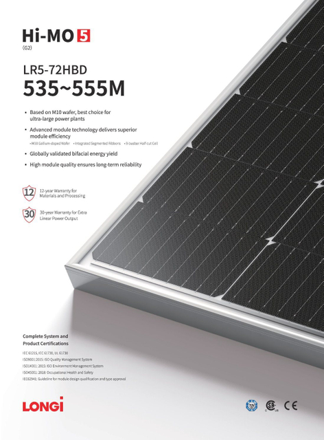 Longi Factory Hot Sale Double Glass Solar Panel535W540W545W550W555W