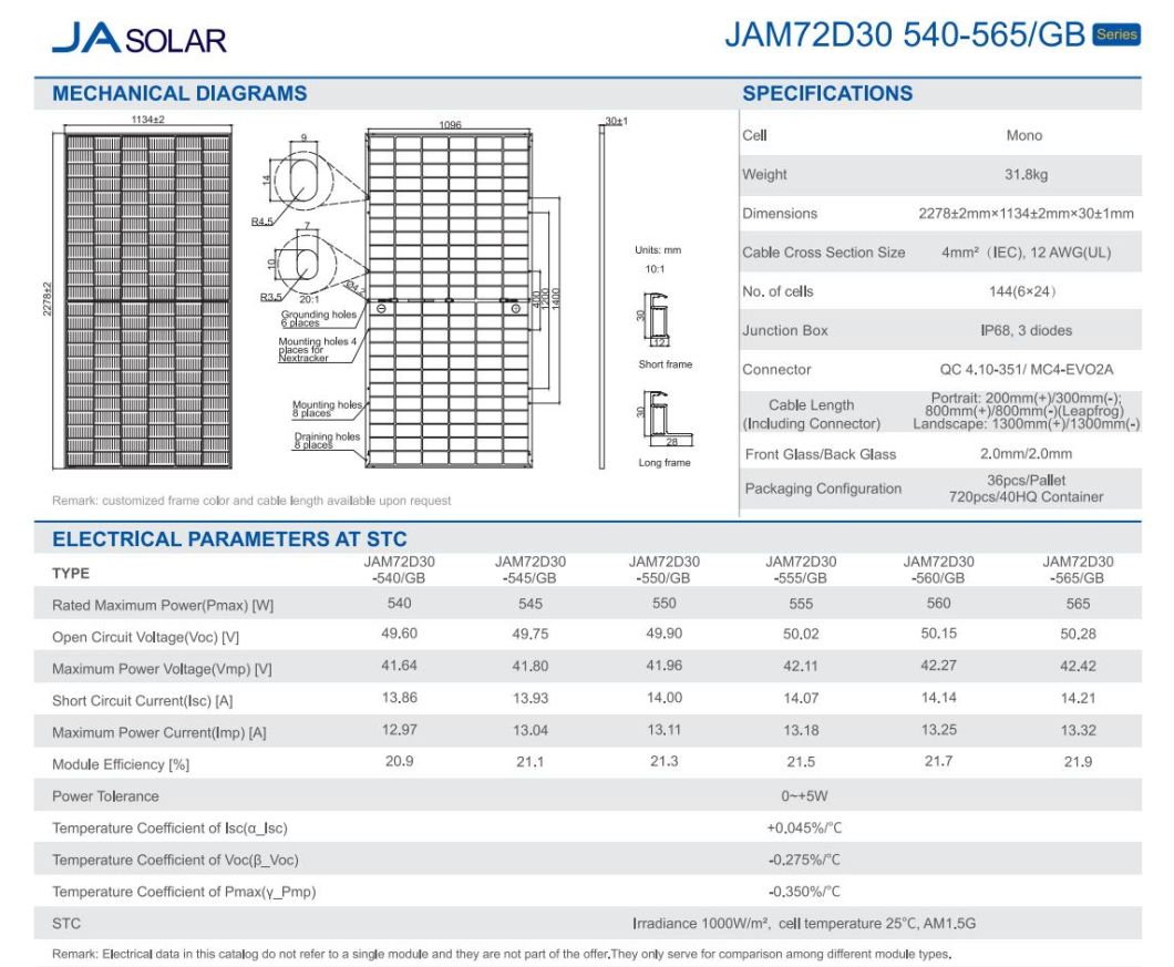 Ja Solar PV Panels 550W 545W 585W 590W 600W Mono Crystalline Solar Panel EU Warehouse Stock