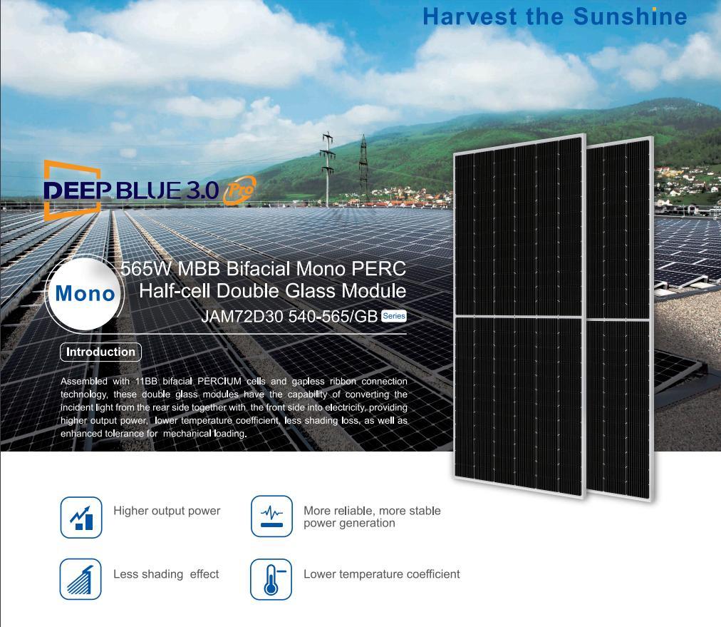 Ja 540/545/550/555/560/565W Bifacial Double Glass High Efficiency Mono Solar Panel China