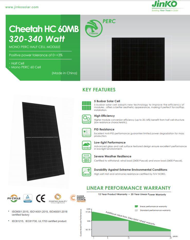 Jinko Mono Perc Module 320/325/330/335/340W High Efficiency Half Cell Monocrystaline Solar Panel