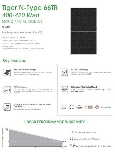 Jinko425W 430W 440W 445W 445W Single Crystal Solar Panels Solar Storage