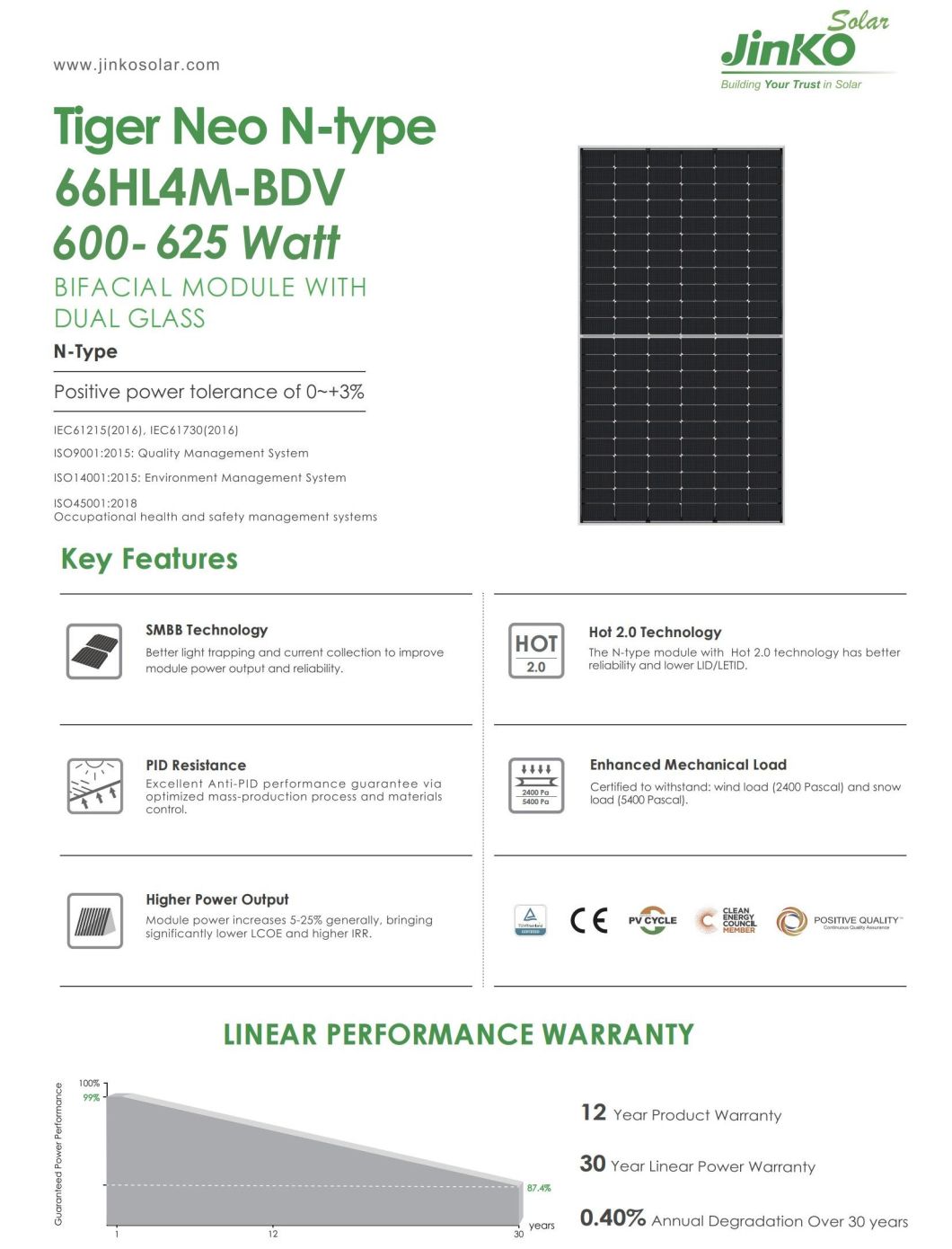 Jinko N-Type Mono Solar Cells 600W 605W 610W 615W 620W Solar Panel in European Warehouse