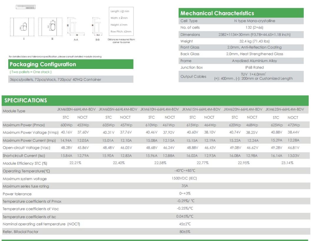 Jinko Bifacial Mono with Dual Glass 600W605W610W615W620W625W N-Type Solar Panel