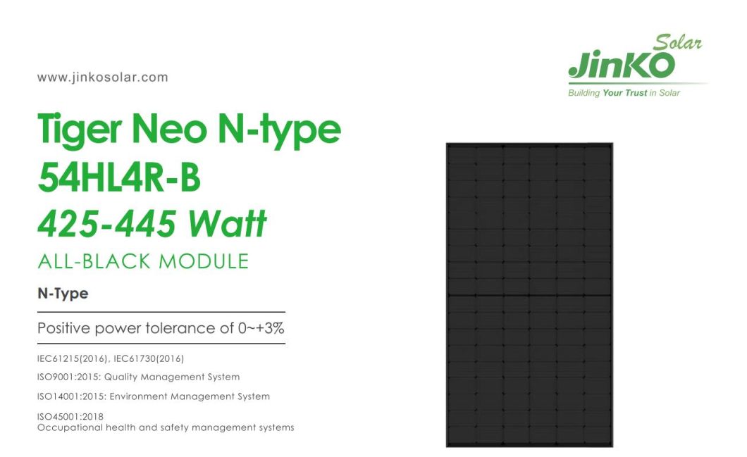 New Arrival Jinko Solar Black Solar Module Jkm430n-54hl4r-B 420W 425W 430W 435W 440W Black Photovoltaic Solar Panel for Europe