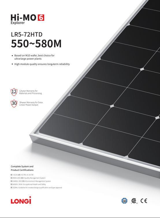 Longi Hi-Mo 6 2023new A Grade Monofacial for Energy System 560W570/580W144cells182 Monocrystailline Solar PV Panel