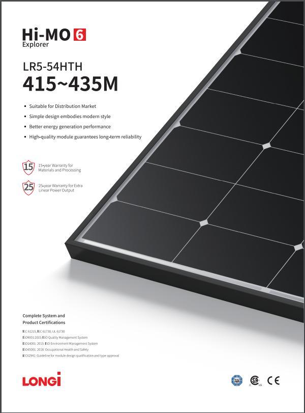 Tier 1longi Hi-Mo6 415W420W425W430W New Technology High Efficiency PV Solar Panels with TUV CE Certification for Home
