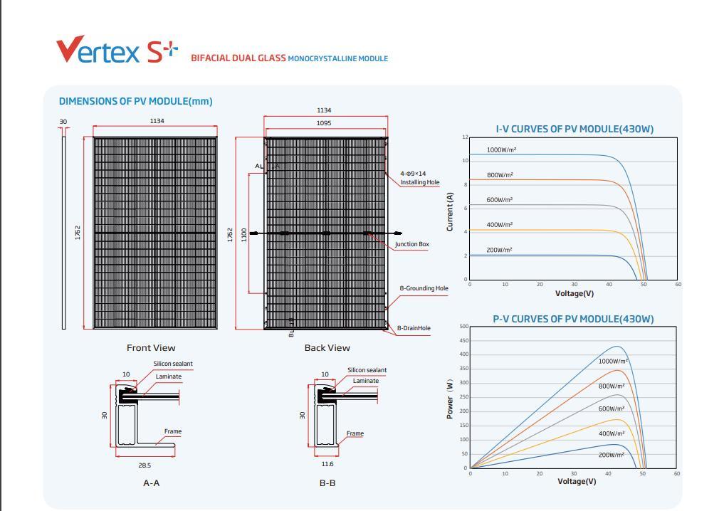 Trina 415/420/425/430/435/440W Bifacial Dual Glass Monocrystalline Module Solar Panel