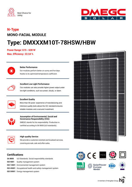 Tier 1 Brand A Grade Dmegc 620W 625W 630watt Solar Panel for Solar Energy System