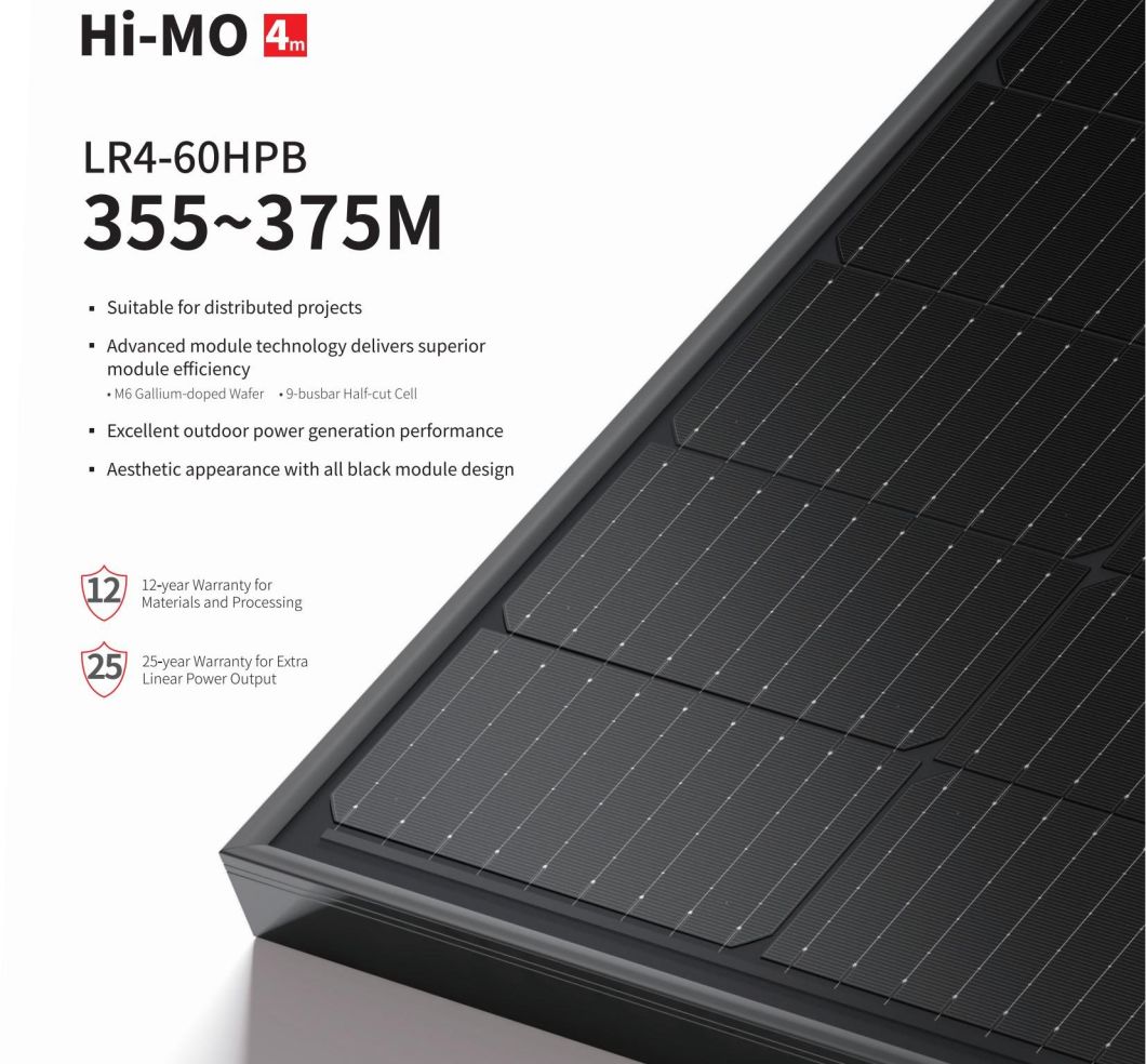 Longi Solar Panels 370W 355W 360W 365W 375W Half Cell 9bb PV Panels
