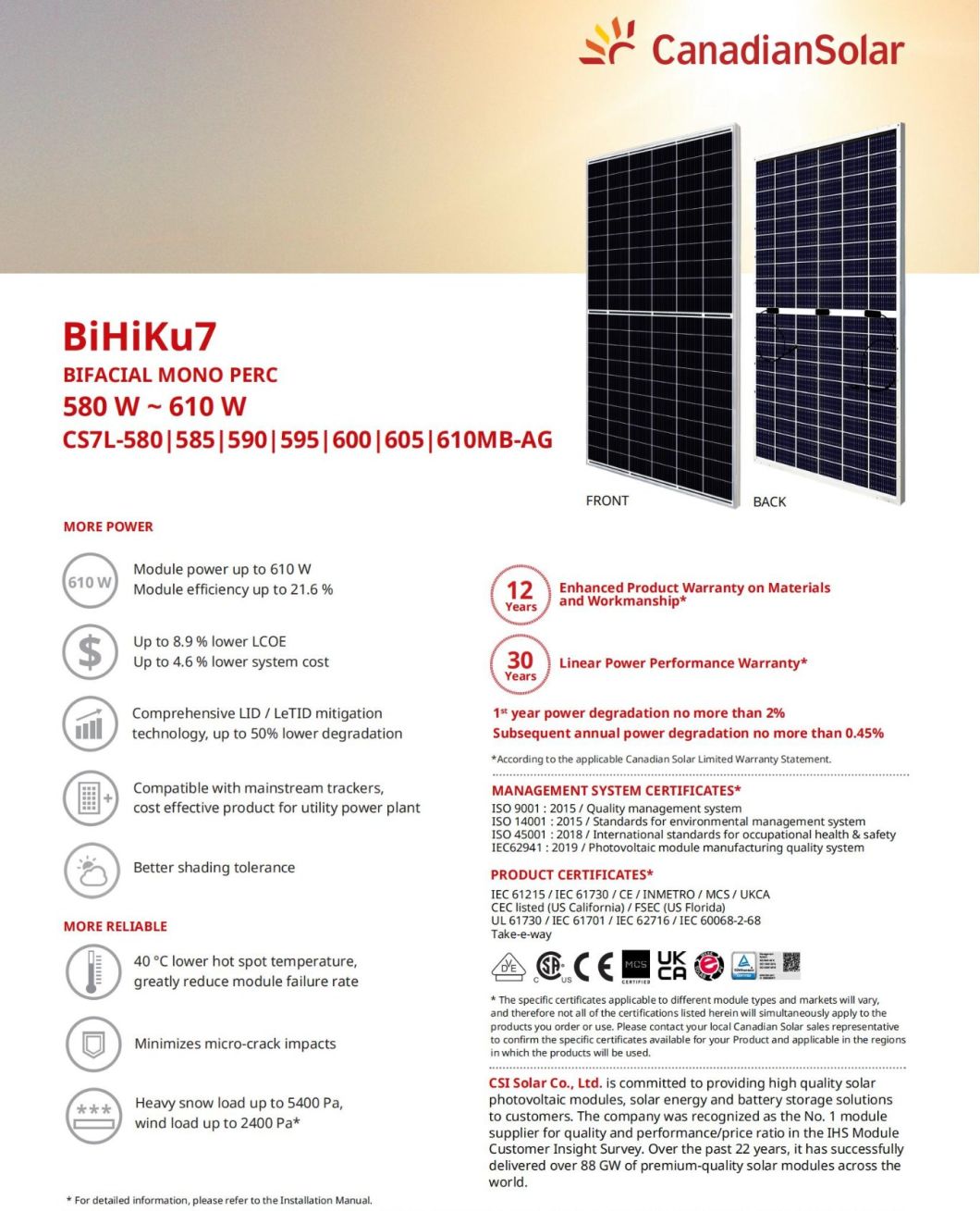 Canadian Solar CS7l 580W 585W 590W 595W 600W 605W 610W Solar Panels in Stock