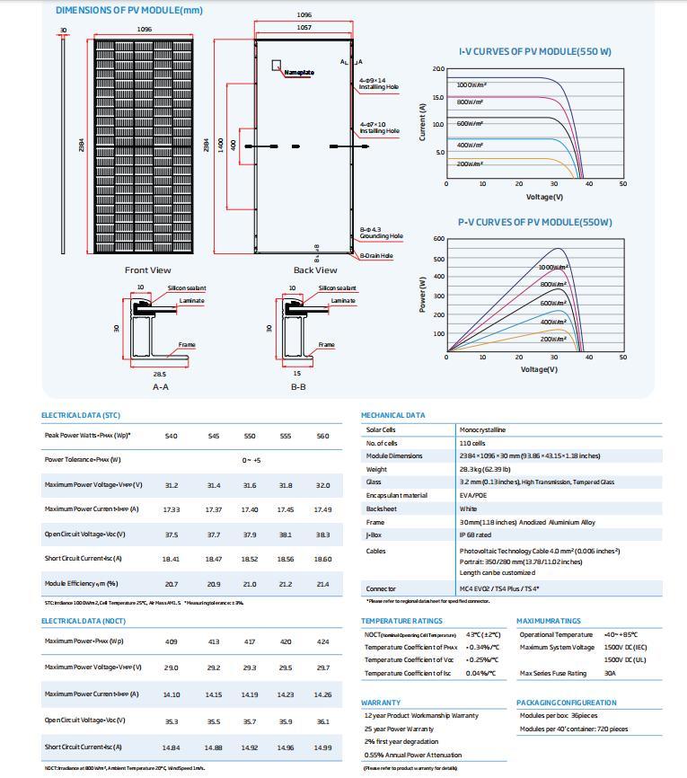 550W A Grade Mono Solar Module Panel 540W545W555W560W for Solar Home System