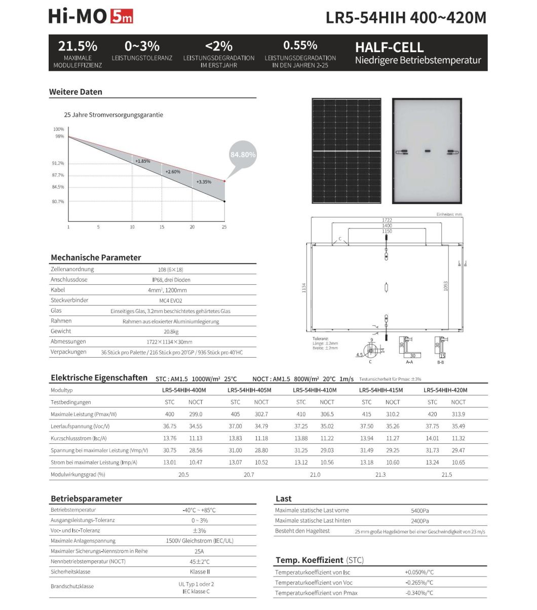 Longi Solar Panel Price 400W405W410W415W420W with Black Frame for Solar Power System