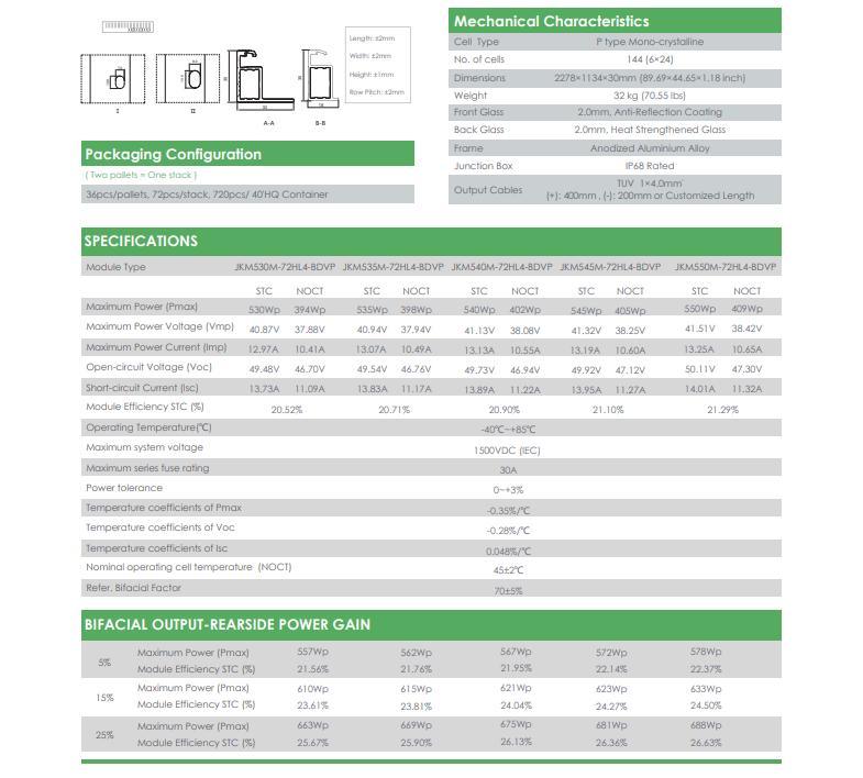 Jinko P-Type Solar Panel Price 530W535W540W545W550W Bifacial Panel with Dual Glass