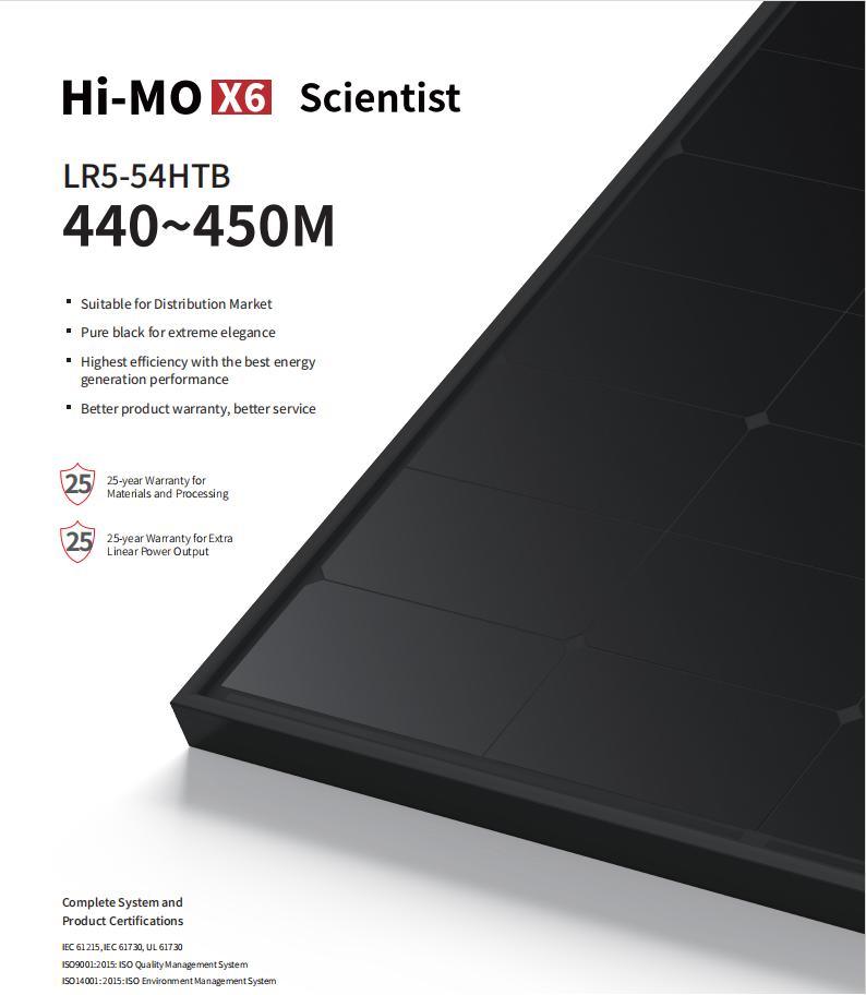 Longi Hi-Mo X6 All Black 440W445W450W Solar PV Power Panel for Solar Energy System