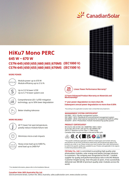 Tier 1 Canadian A Grade Half Cell 650W 655W 660W 665W 670W Solar Panel with CE TUV for Solar Energy System