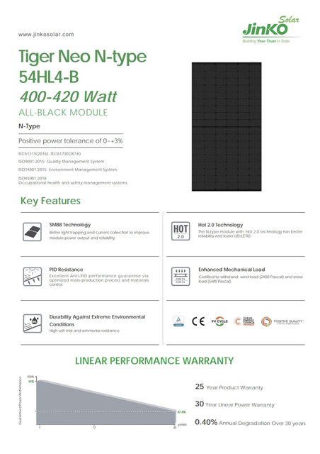 Tier 1 Brand China Jinko 400W All Black 410watt 420W Module Monofacial Solar Panels for Solar Energy System