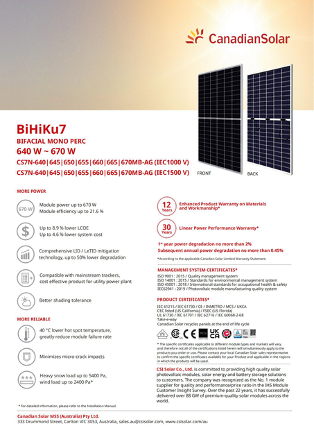 Tier 1 Canadian 650W 655W 660W 665W 670W Bifacial A Grade Solar Panel with CE TUV for Home
