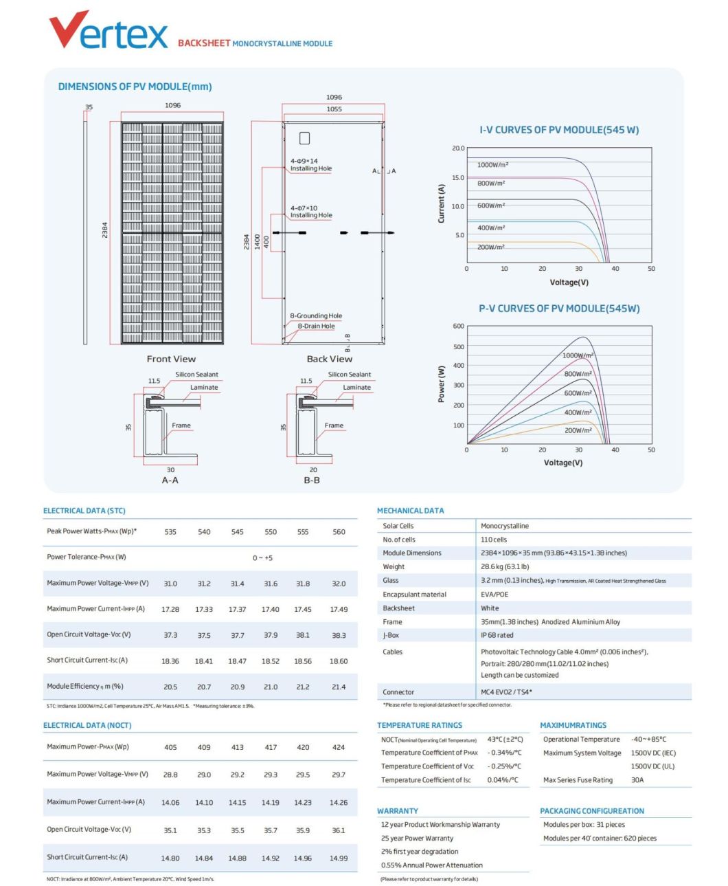 Trina Vertex 110cells 535W 540W 545W 550W 555W 560W Mono Solar Panel with TUV CE