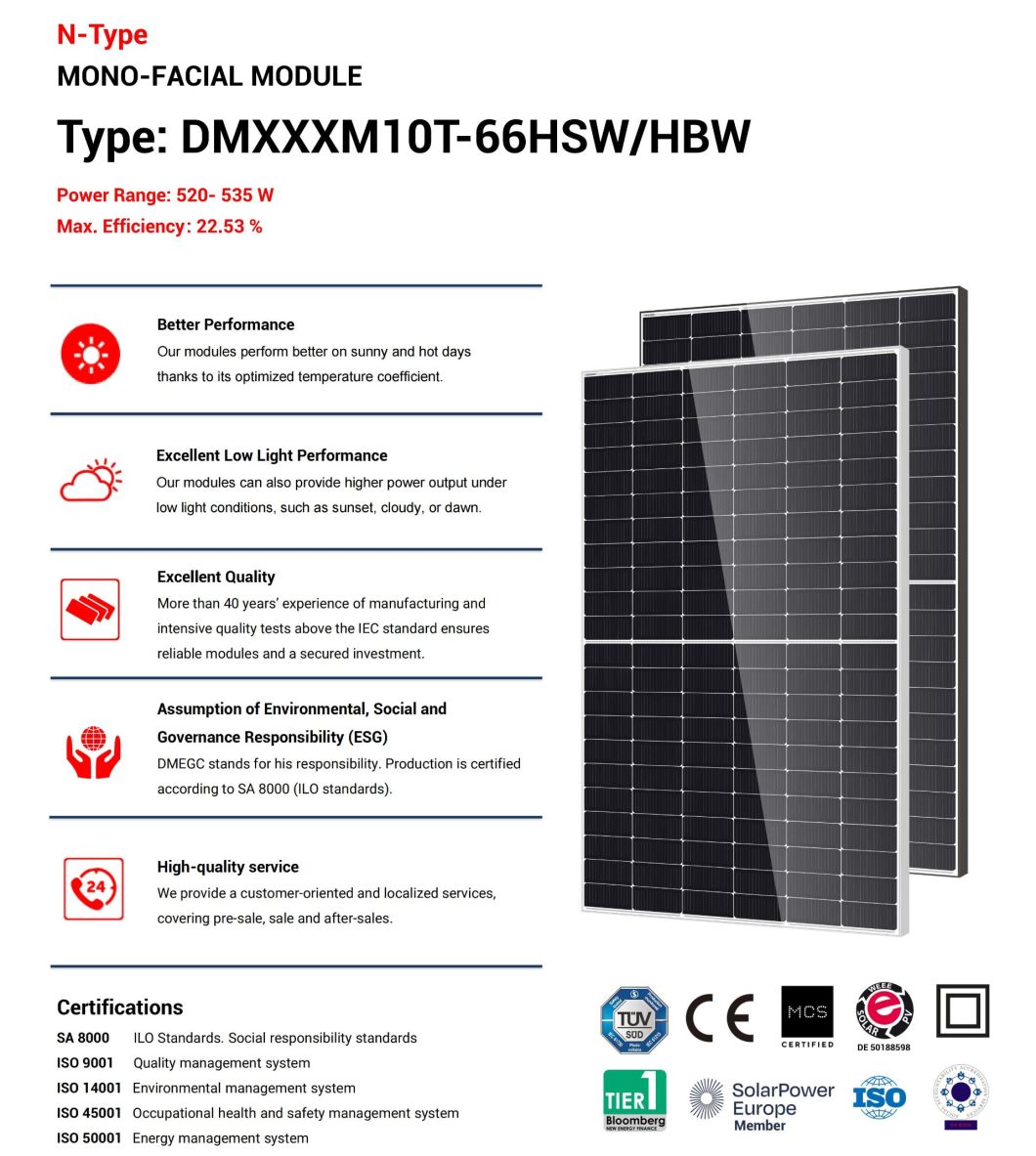 Tier 1 182mm Half Cell Dmegc Mono Photovoltaic 520W 525W 530W 535W Solar Panel