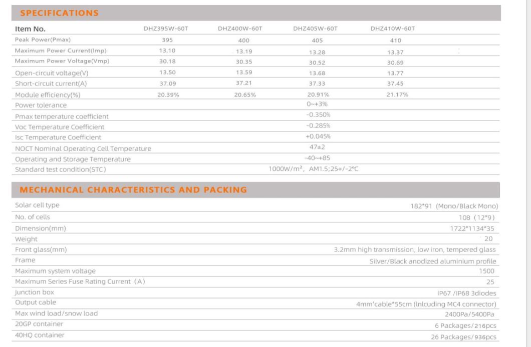Dinghui Mono Solar Panel 395W400W405W410W Half Cell Solar Energy