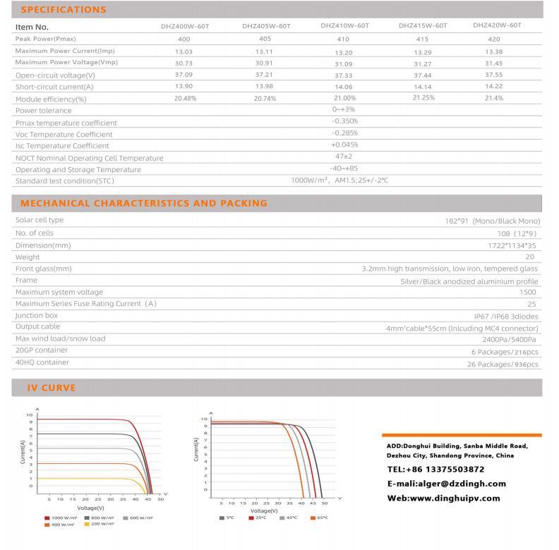 395W400W405W410W Dinghui Mono Solar PV Panel for Solar Energy System