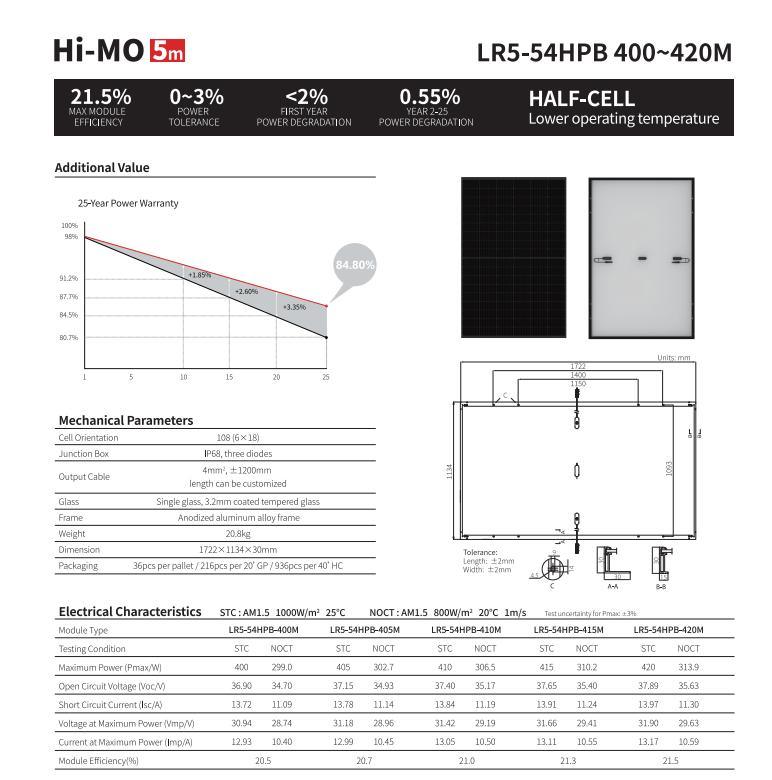 Longi Mono Solar PV 400W405W410W415W420W Panel for Solar Energy System