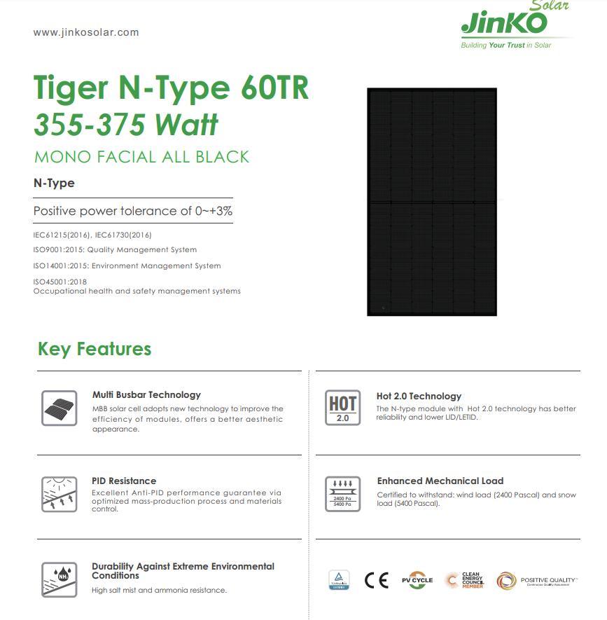 Jinko/Trina/Ja 350/360/365/370/375W Mono Facial All Black N-Type Photovoltaic Portable Solar Panel OEM Wholesale Price