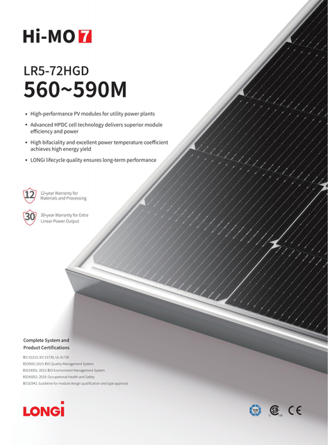 Longi Hi Mo7 Hpdc Cell Dual Glass 560W 565W 570W 580W 590W A Grade Bifacial Solar Panel