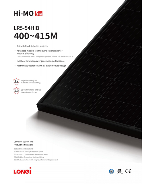 China Longi A Grade 400W All Black 410W Solar Panels for Solar Energy System