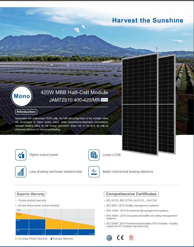 Ja400/405/410/415/420W A Grade Shingled Black Mono Industrial Home Use Roof Solar Panel Low Price in Stock