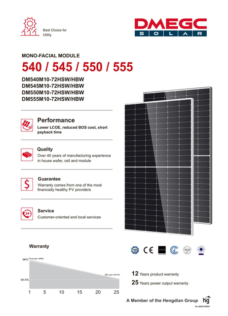 Hot Sell! China Dmegc Monocrystalline A Grade 545W 550W Solar Panels for Soalr Solar Energy System