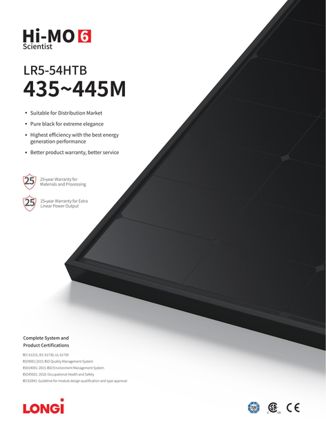 Longi Hi Mo 6 430W 435W 440watt All Black Hpbc Cell Solar Panels