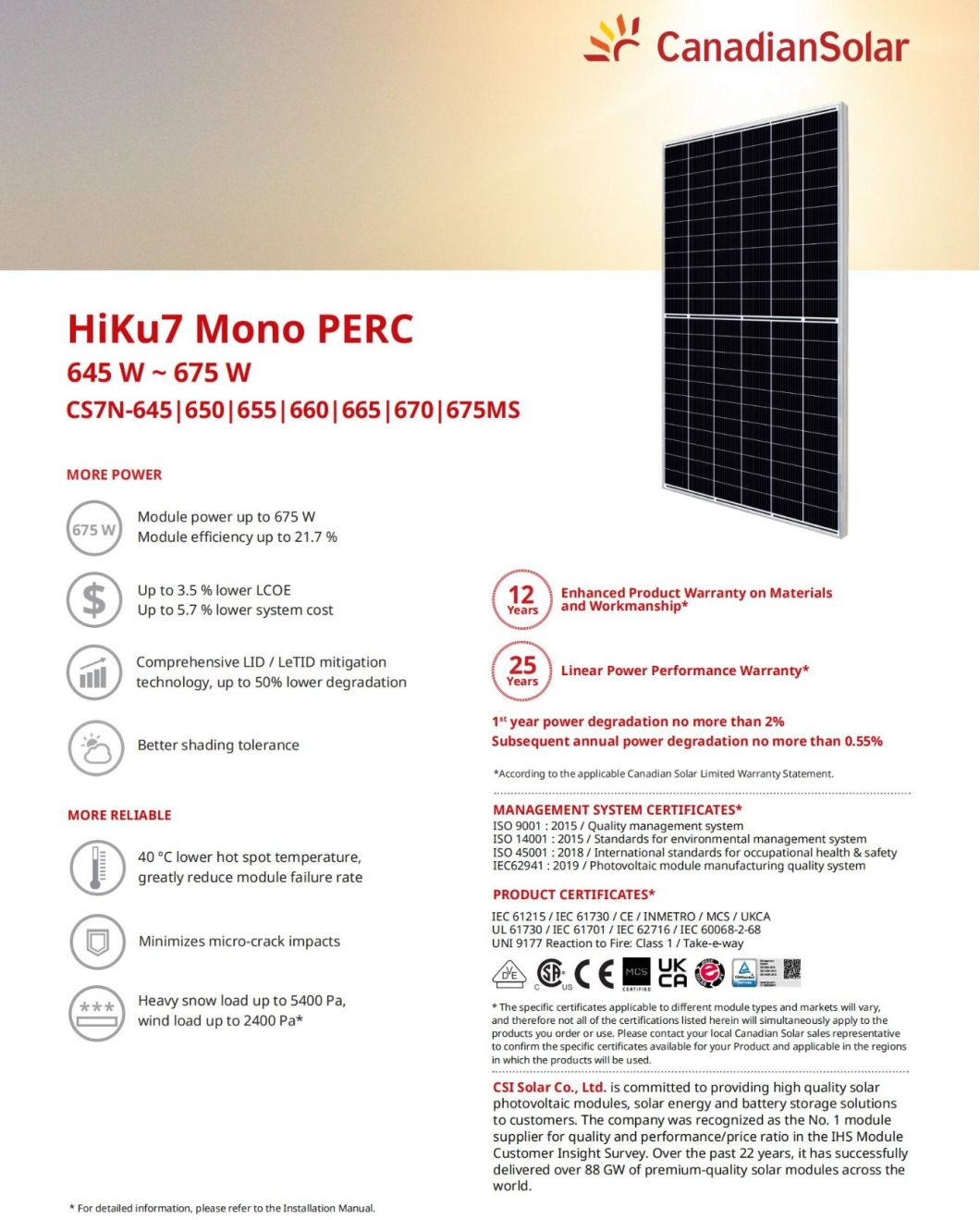 Canadian Solar Hiku7 640W 645W 650W 655W 660W 665W Solar Panel 210mm