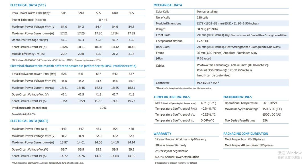 Tier1 Trina A Grade Bifacial Mono Module 585W590W595W600W605W Energy Solar Panel
