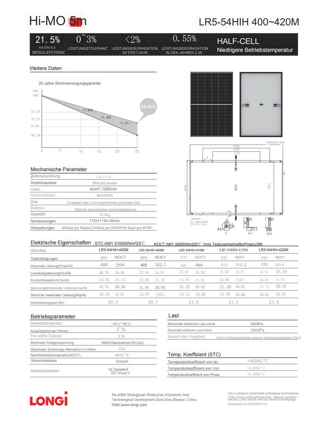 Longi Hi-Mo5 Mono Half Cell 400W405W410W415W420W Solar Panel with Black Frame