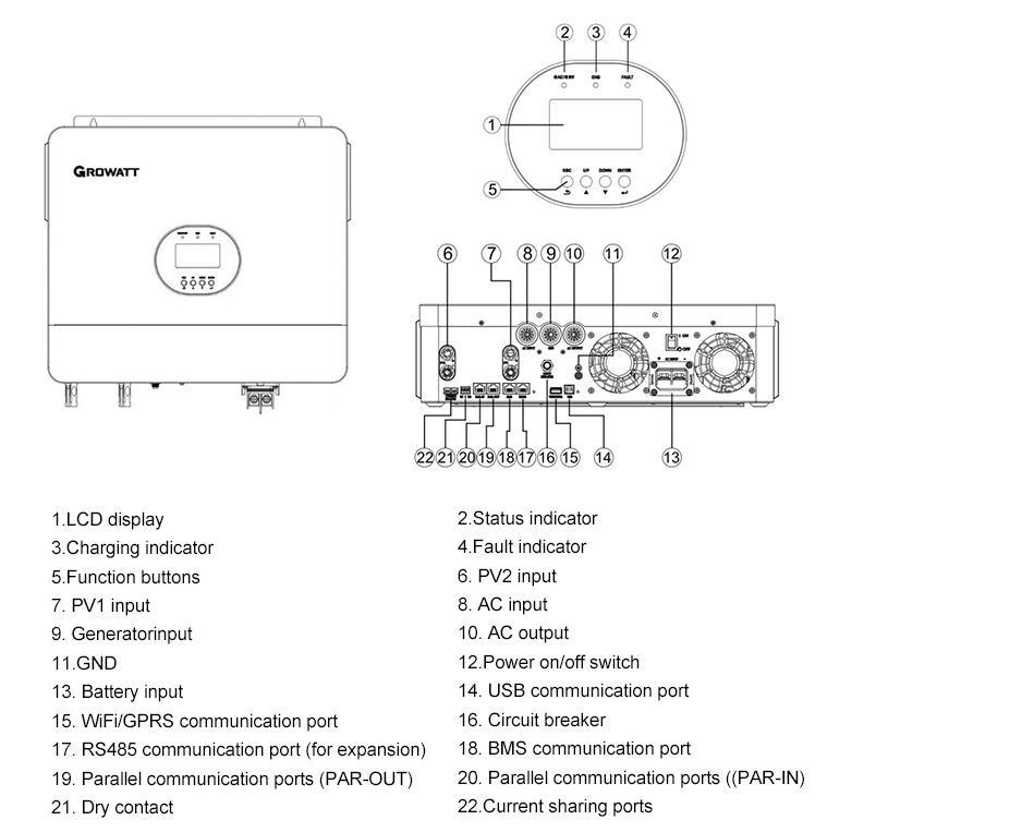 Growatt off Grid 48V 6kw SPF 6000es Plus 6000W Pure Sine Wave Solar Power Inverter