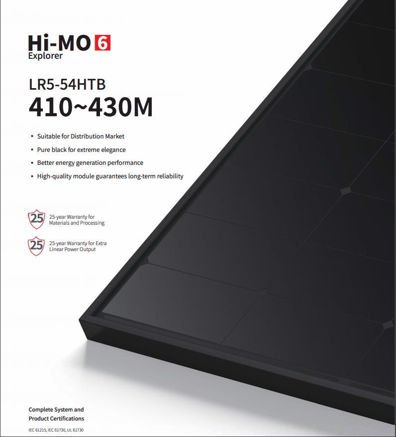 Best Sellinglongi Himo6 410/415/420/425/430W Most Popular Single Full Black Solar Panel Distributor