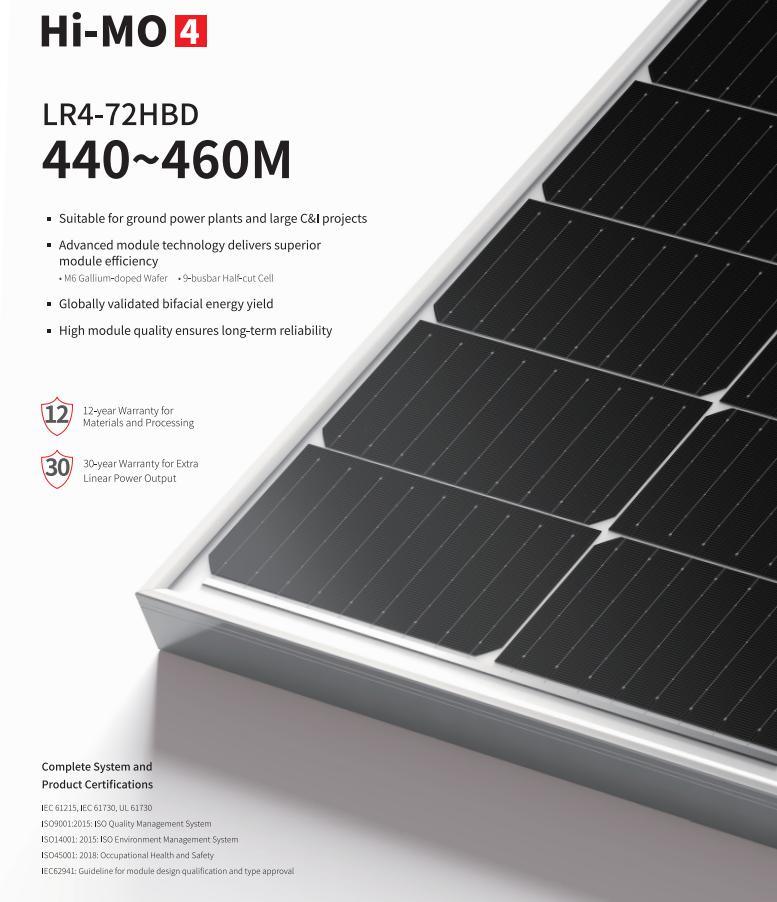 Bifacial Longi 440W 450W 460W Photovoltaic Solar Power Panel for Household