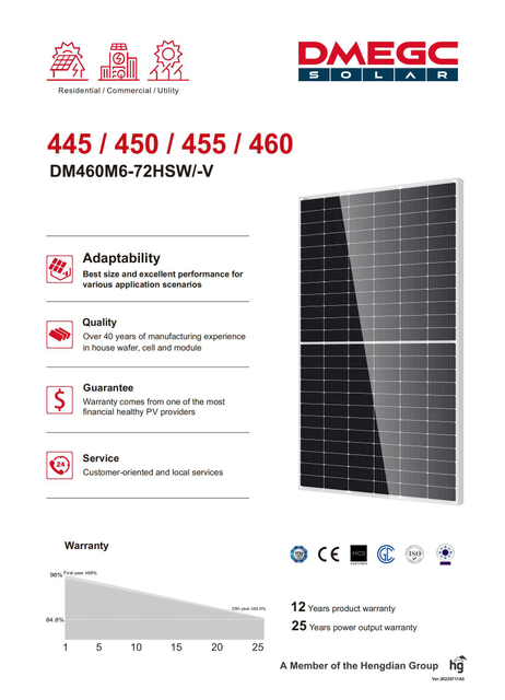 Tier 1 Dmegc Power Mono 450W/455W/460W Solar Panel in Solar Energy System