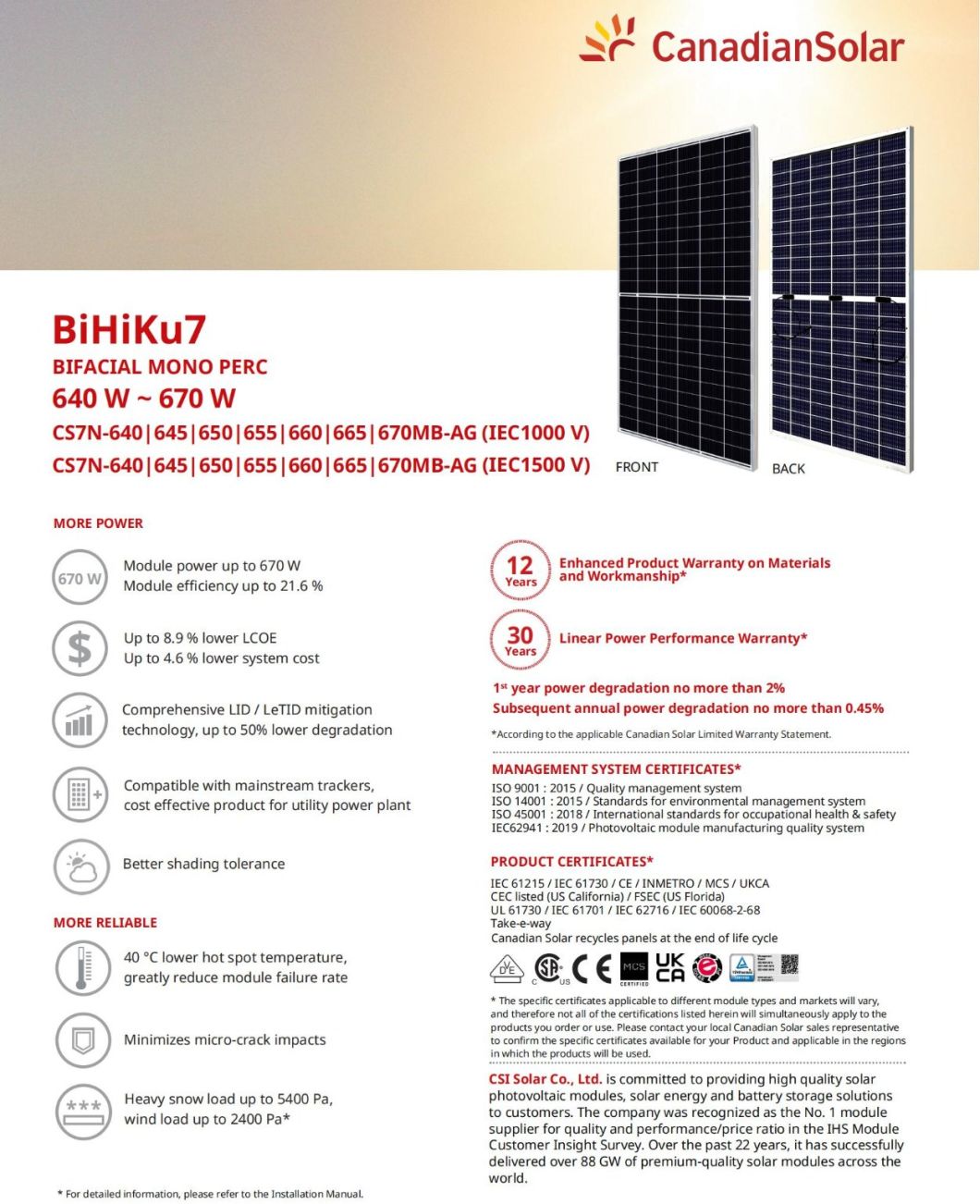 Tier 1 Canadian Bifacial Mono Solar Power PV 640W645W650W655W660W670W Panel for Home