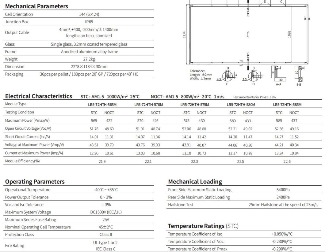 Longi Tier1 Brand Mono Solar Panel 565W570W575W580W585W PV Module for Home System