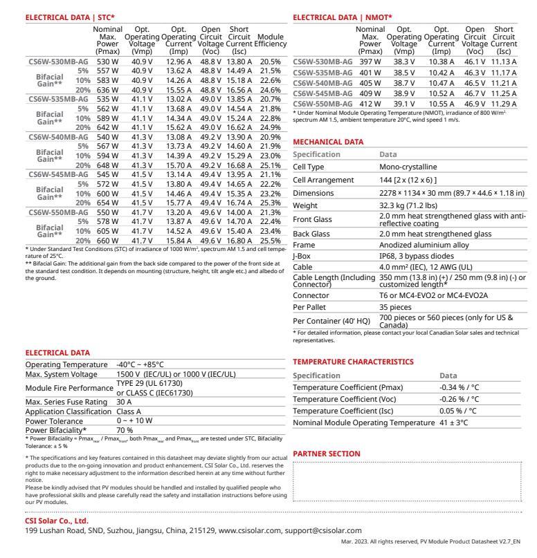 Canadian Lack Frame Grade a High Quality Solar Pane 530W 540W 545W 550W