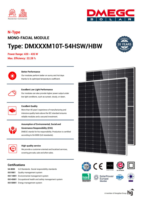Dmegc Black Frame N Type 425W 430W 435W A Grade Monocrystalline Solar Panel for Solar Energy System