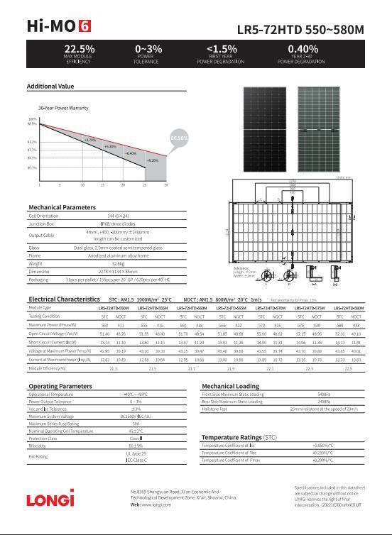 Longi Hi-Mo 6 2023new A Grade Monofacial for Energy System 560W570/580W144cells182 Monocrystailline Solar PV Panel